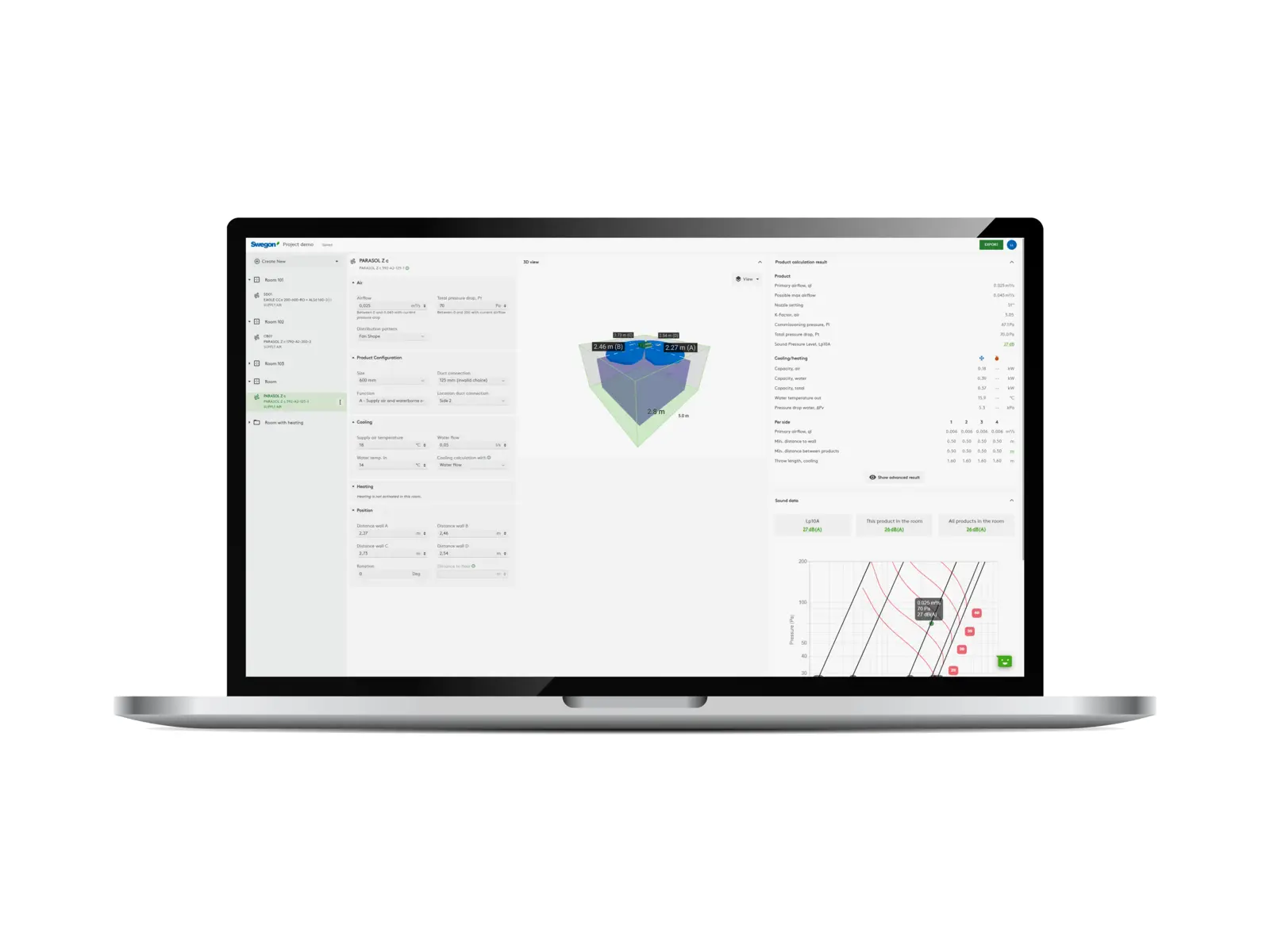 Laptop with the screen open showing the calculation software Room Unit Design for calculating ventilation products